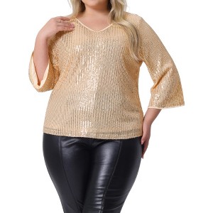 Agnes Orinda Women's Plus Size Sequin Glitter Sparkly V-Neck Long Sleeve Dressy Blouse - 1 of 4