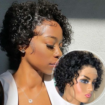 Jessie's Wig Short Curly Wigs Pixie Cut Lace Front Wig 6 inch Human Hair 13X1 Human Hair Wigs Lace Front Wig Plucked Pixie Curly Wigs for Women