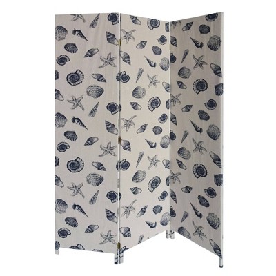 71" 3 Panel Fabric Room Divider with Seashell Print Blue - Benzara