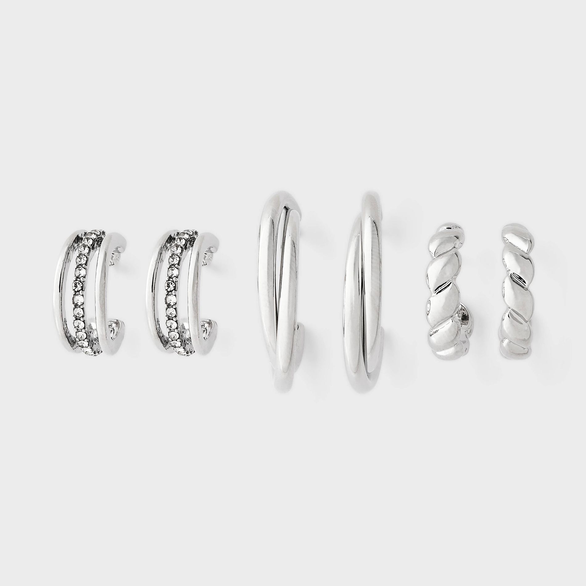 Mixed Embellished & Puff Hoop Earring Set 3pc - A New Day™ Silver