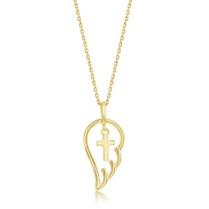 Bella Silver Sterling Silver Angel Wing w/Cross Charm 18" Pendant Necklace - Gold Plated - 1 of 2