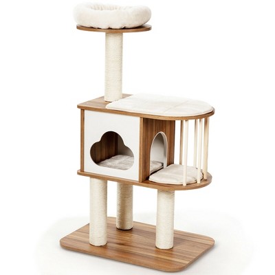 Natural Wood and Sisal 46'' Cat Tree with Platforms and Cushions
