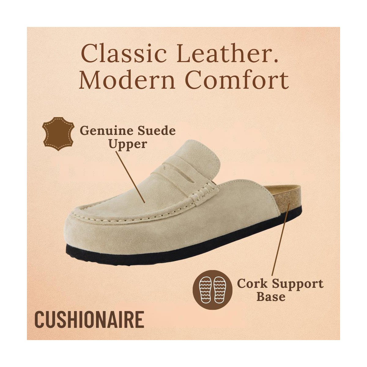 Женские сабо CUSHIONAIRE Fondu Genuine Leather Mule Clogs for Women, Comfortable Slip On Womens Shoes with Penny Strap Accent and Memory Foam Footbed, Biscuit 10 — фото 4
