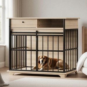 Dog Crate Furniture , Large Dog Cage Furniture with Tray for Medium Large Dogs, Wooden Dog Kennel Furniture - 1 of 4
