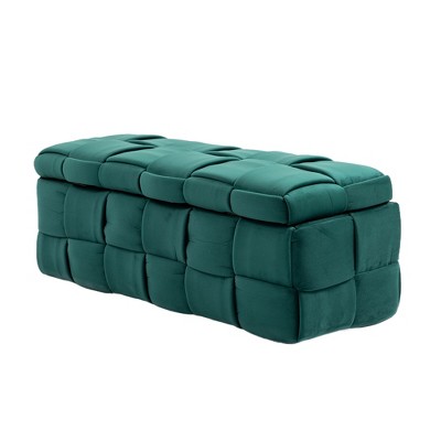 VYNXARIA Exquisite Green Velvet Storage Footstool for Bedroom with Safety Hinges