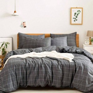 100 Cotton 3pcs Plaid Duvet Cover Set, Black with White Grid Pattern, King Size, Zipper Corner Ties - 1 of 4