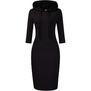 Women's Casual Long Sweatshirts 3/4 Sleeve Hooded Bodycon Dress with Kangaroo Pocket - 1 of 4