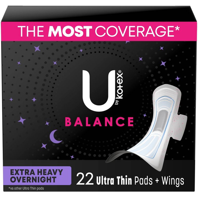 U by Kotex Balance Ultra Thin Extra Heavy Overnight Pads with Wings - Unscented, 1 of 11