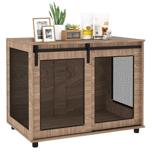 PawHut 39" Dog Crate Furniture, Dog Kennel Furniture End Table with Sliding Barn Door, Furniture Style Dog Crate for Large Dogs, Walnut Brown - 1 of 4