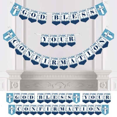 Big Dot of Happiness Confirmation Blue Elegant Cross - Boy Religious Party Bunting Banner - Party Decorations - God Bless Your Confirmation