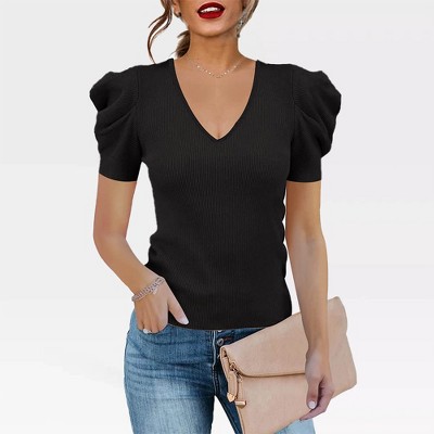 Women's Short Sleeve Knit Pullover Sweaters - Casual V Neck Ribbed Solid Soft Slim Fit Blouse Tops for Elegant Knitwear,Black - 2XL
