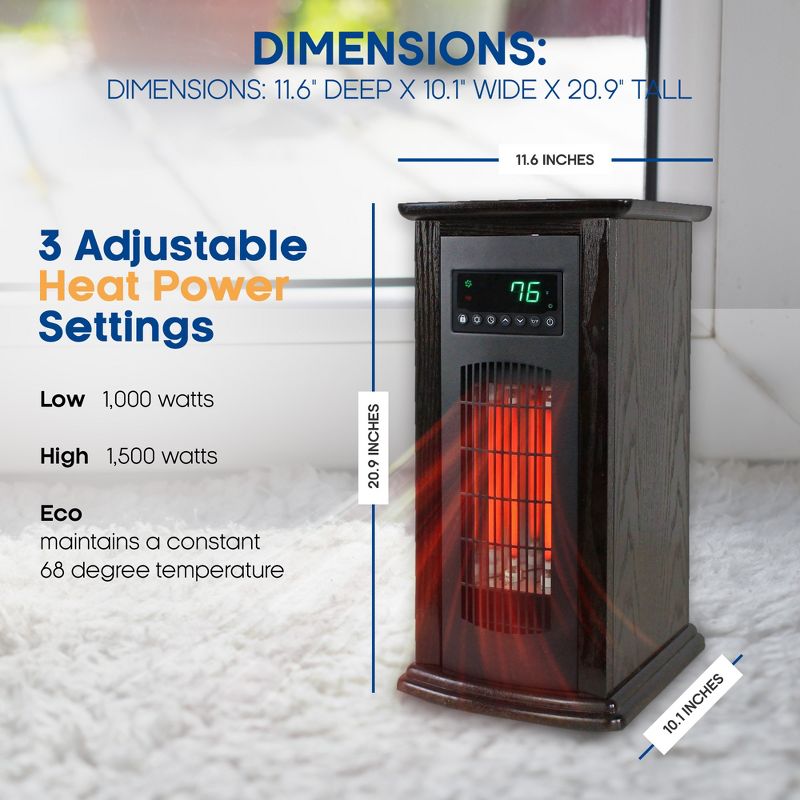 LifeSmart HT1029 1500 Watt Portable 21 Inch Electric Infrared Quartz Tower Space Heater for Indoor Use with 3 Heating Elements and 2 Remotes, Black, 2 of 7