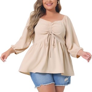 Agnes Orinda Women's Plus Size Sweetheart Neck Drawstring Ruched 3/4 Sleeve Casual Peplum Shirts - 1 of 4