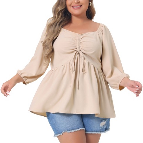 Agnes Orinda Women's Plus Size Sweetheart Neck Drawstring Ruched 3/4 Sleeve Casual Peplum Shirts - image 1 of 4