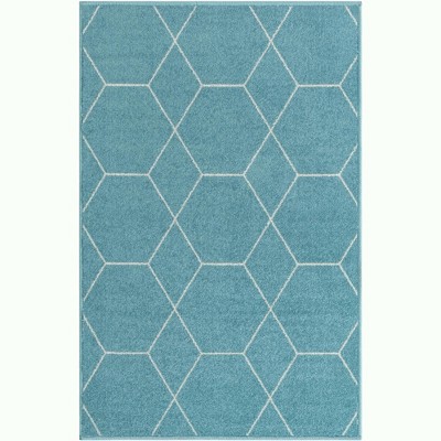 Light Blue Ivory Trellis Synthetic Rectangular Easy-Care Rug