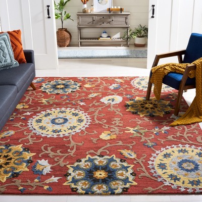 Handmade Red Floral Wool 9' x 12' Area Rug