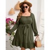 Coolmee Women's plus size Dress Casual Square Neck Dress Puff Long Sleeve Dresses High Waist Ruffle Midi Dress with Belt - 3 of 4