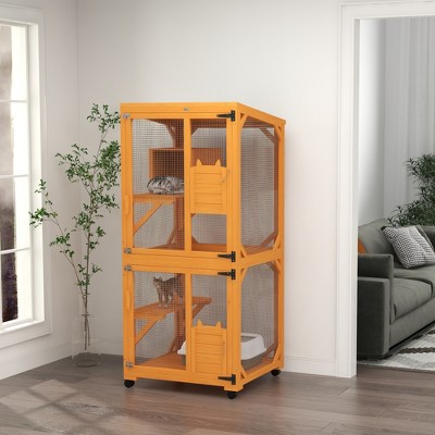 Large Natural Wood Outdoor Cat House with Wheels
