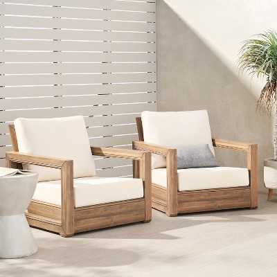 Acacia Wood Outdoor Club Chairs with Beige Cushions, Set of 2