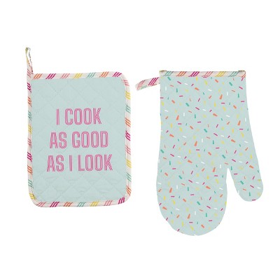 Totalee Gift As I Look Pot Holder & Oven Mitt Set of 2 Cotton Blue