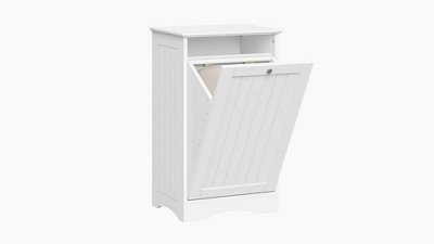 White Polished Beadboard Tilt-Out Laundry Hamper Cabinet
