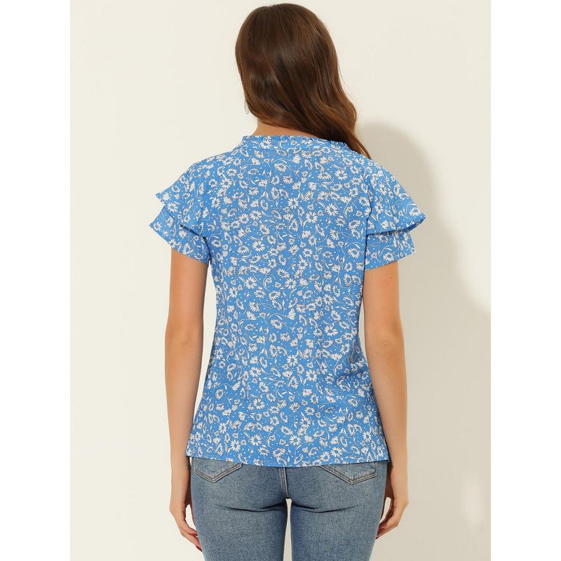 Allegra K Women's Summer V Neck Cap Short Sleeve Button Floral Print Shirt, 4 of 6