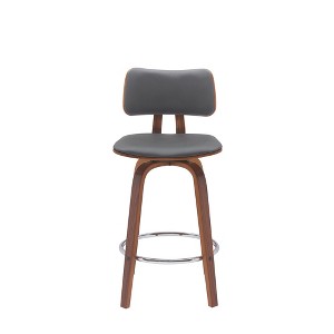 HomeRoots 26" Gray And Wood Brown Faux Leather Swivel Low Back Counter Height Bar Chair - 1 of 4
