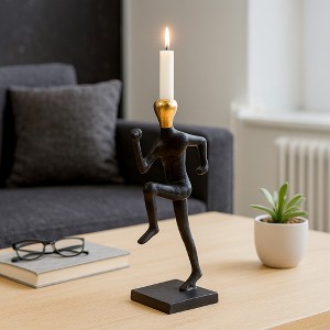 Decorative Running Man Candle Holder - Modern Taper Candlestick Holder for Coffee Table Decor, Table Centerpieces, or Home Decor - 15", Gold & Black - 1 of 4