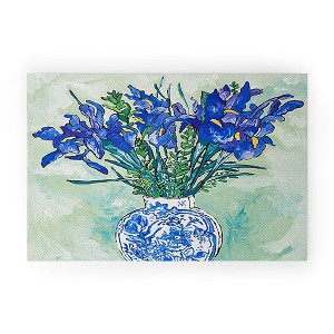 Lara Lee Meintjes Iris Bouquet in Chinoiserie Vase on Blue and White Striped Tablecloth on Painterly Mint Green Welcome Mat - Society6 - 1 of 4