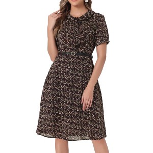 INSPIRE CHIC Women's Peter Pan Collar Tie Neck Short Sleeve A-Line Elegant Belted Floral Dress - 1 of 4