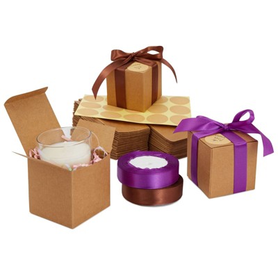 Stockroom Plus 50 Pack Kraft Brown Paper Gift Boxes, Bulk Set with Ribbon & Stickers (3 x 3 x 3 In)