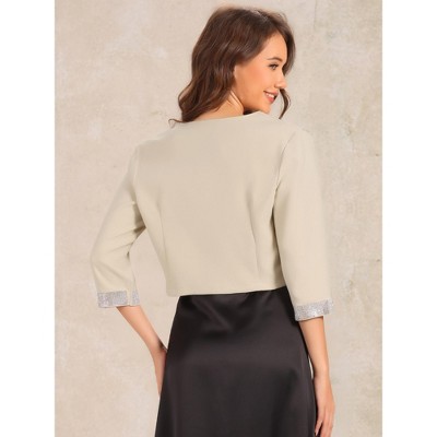 INSPIRE CHIC Women's Half Sleeve Open Front Collarless Cropped Blazer Beige X-Large — фото 3