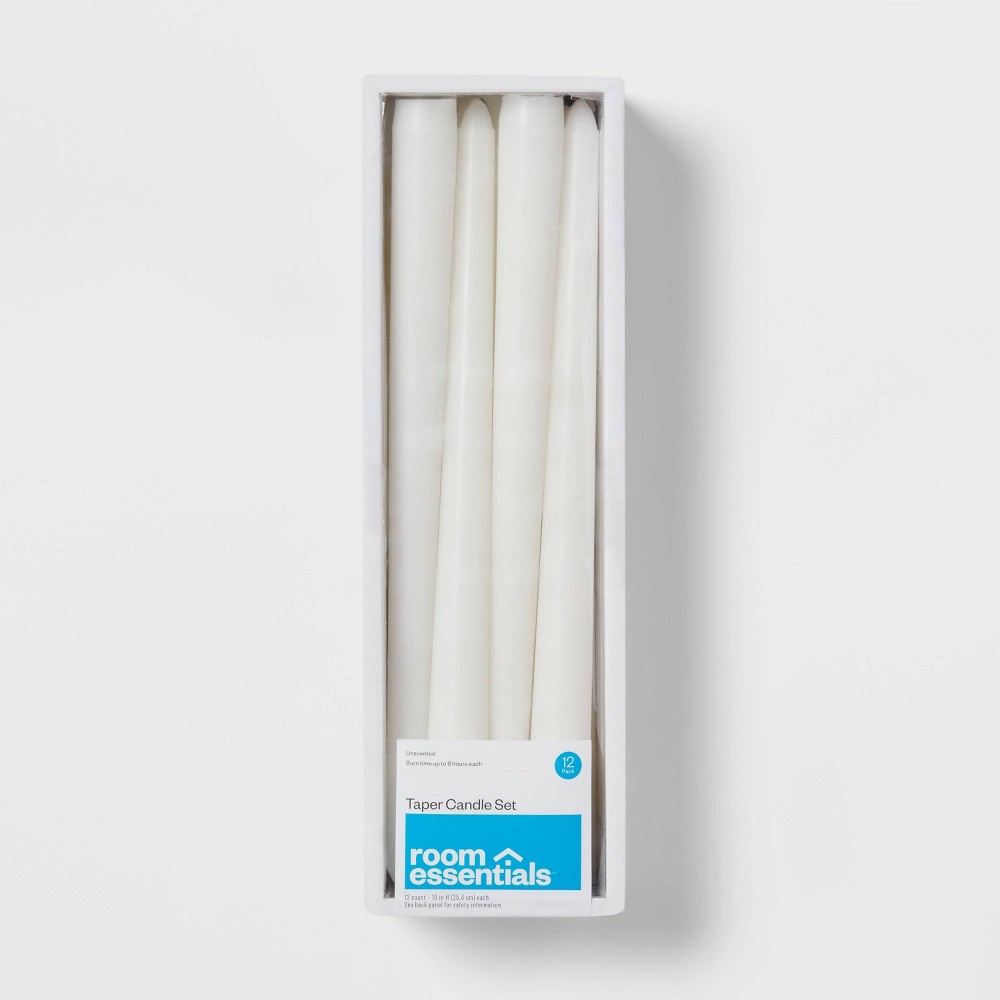 Photos - Other Decoration 12pk Unscented Taper Candles White - Room Essentials™: Paraffin Wax, 10.6"