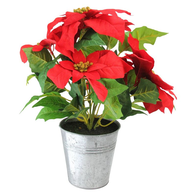 Northlight 15.5" Red and Green Artificial Poinsettia Christmas Flower Arrangement in Silver Pot, 1 of 5