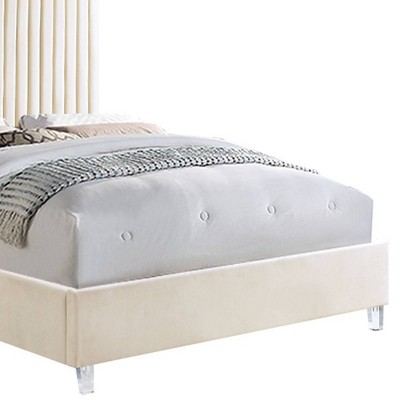 Beige Velvet Upholstered Queen Bed with Tufted Headboard and Slats