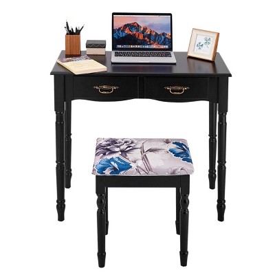 Black MDF Vanity Makeup Table with Tri-Folding Mirror and Bench