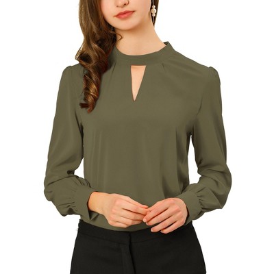 INSPIRE CHIC Women's Office Keyhole Elegant Stand Collar Long Sleeve Back Neck Button Blouse
