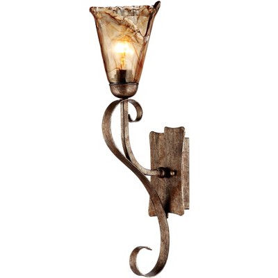 Amber Glass Bronze Scroll Wall Sconce for Vanity