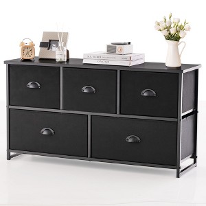 Tangkula 5 Drawers Dresser TV Stand Chest Clothes Storage Organizer with 5 Fabric Bins - 1 of 4