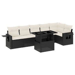 vidaXL 7 Piece Patio Sofa Set with Cushions Black and Cream Poly Rattan - 1 of 4