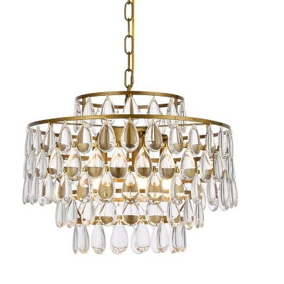 Brass and Crystal 5-Light Adjustable Pendant Chandelier