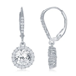 Bella Silver Sterling Silver Large CZ surrounded by Smaller CZs Dangling Earrings - Silver - 1 of 2