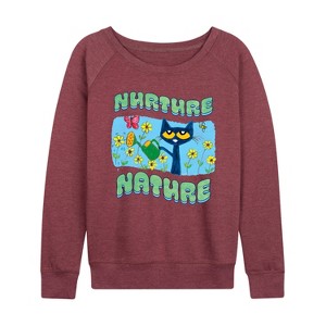 Women's - Pete the Cat - Nurture Nature Lightweight French Terry Wide Neck Long Sleeve Shirt - 1 of 4