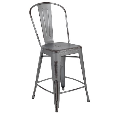 Emma and Oliver Commercial Grade 24"H Distressed Metal Indoor-Outdoor Counter Stool with Back