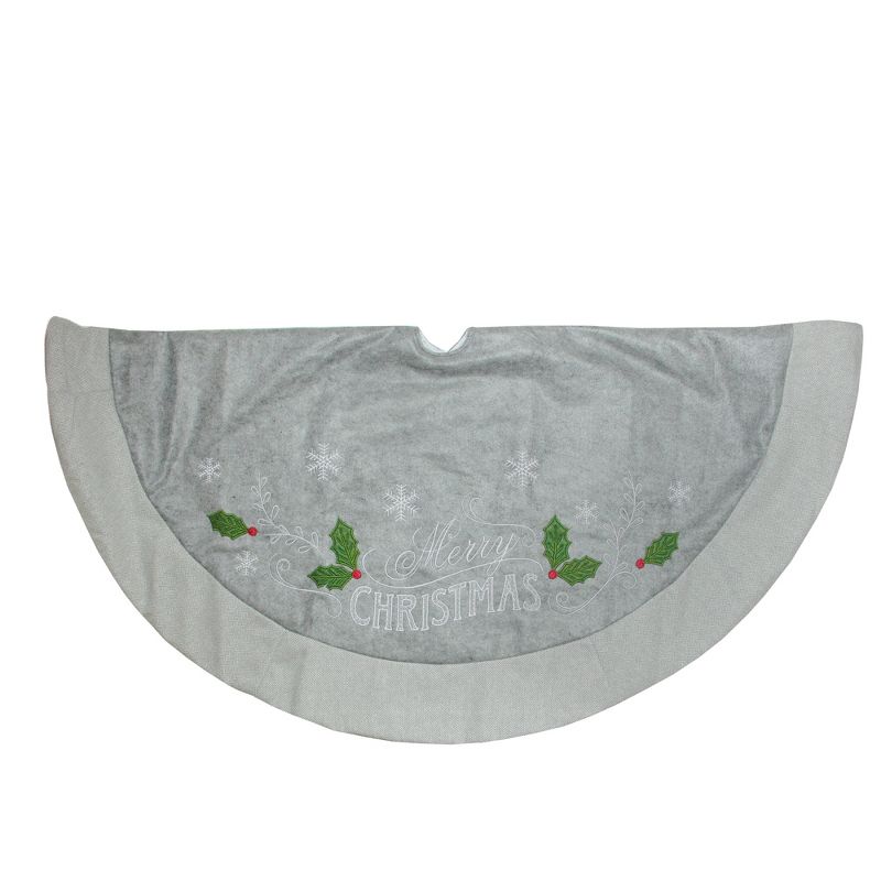 Northlight 48" Gray and Green 'Merry CHRISTMAS' Mottled Tree Skirt with Herringbone Bordered Trim, 1 of 4