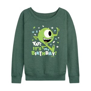 Women's - Disney - Mike Yay It's My Birthday Lightweight French Terry Wide Neck Long Sleeve Shirt - 1 of 4