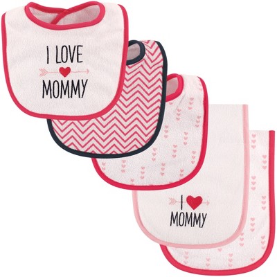  Luvable Friends Baby Girl Bib and Burp Cloth Set 5pk, Girl Mommy, One Size 