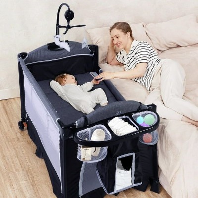 Kinder King 4-in-1 Portable Nursery Center and Bedside Crib with Bassinet, Changing Table, Storage Basket, Side Zipper & Travel Bag