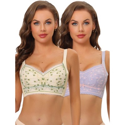 Allegra K Women's Wirefree U Back Lace Adjustable Straps Full Coverage Padded Minimizer Bralettes 2 Pcs