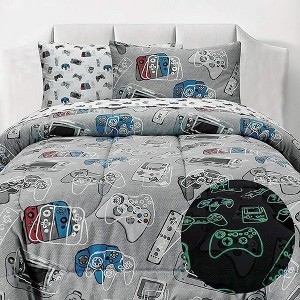 Tadpoles 7-Piece Gamer Glow in The Dark Comforter Set | Game Controllers Print - Full - Blue, Grey - 1 of 4